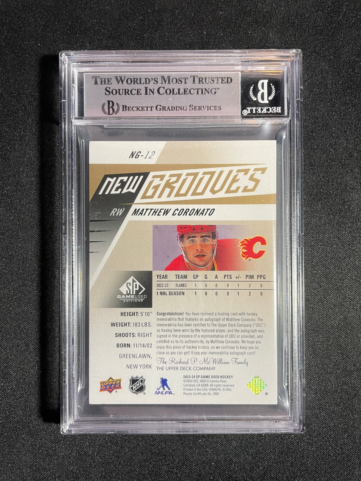 BGS 8 - Matthew Coronato #NG-12 RPA Rookie Patch Auto /10 - 2023-24 SP Game Used