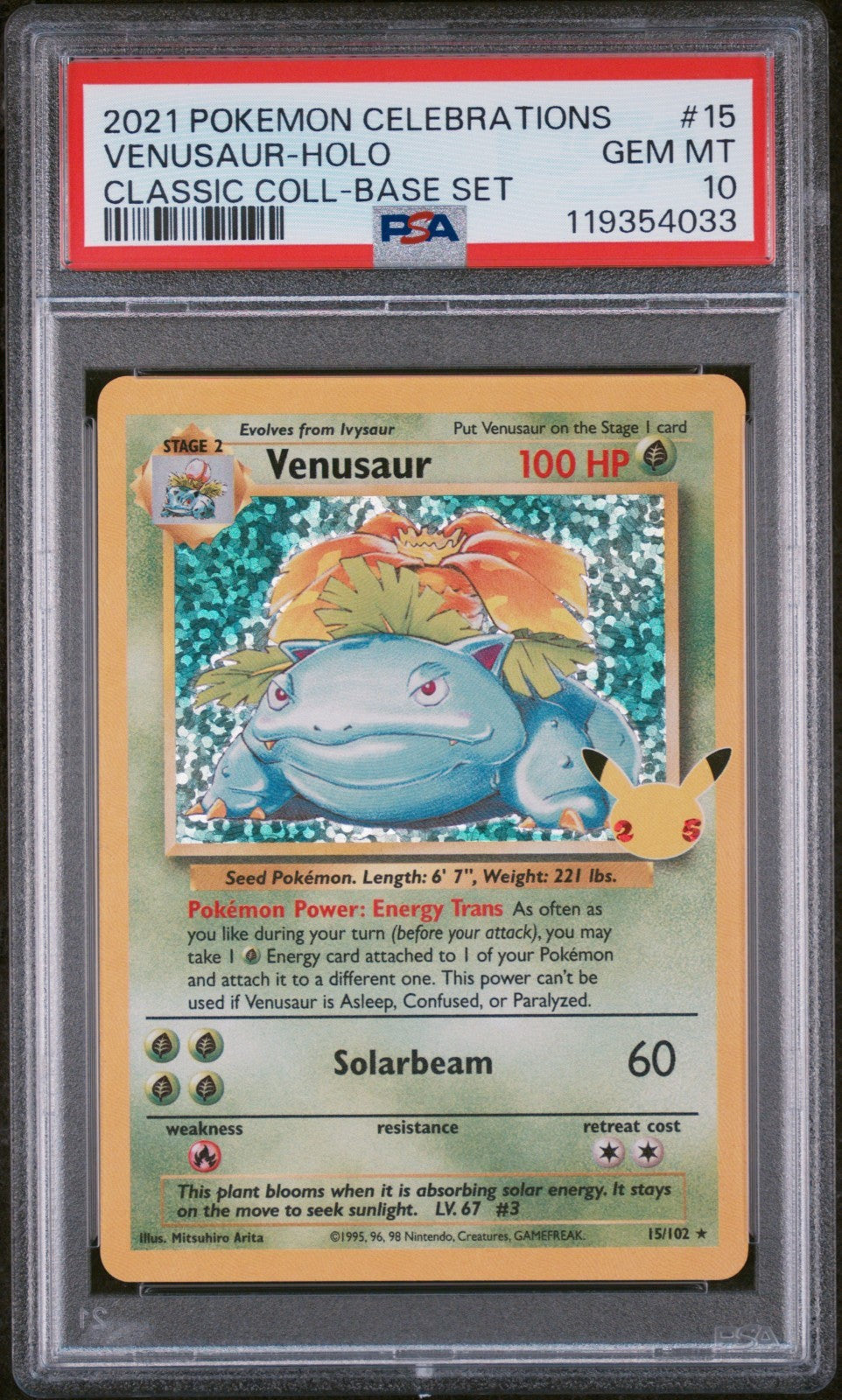 PSA 10 - Venusaur 15/102 Holo Rare Celebrations Classic Collection Pokemon 25th
