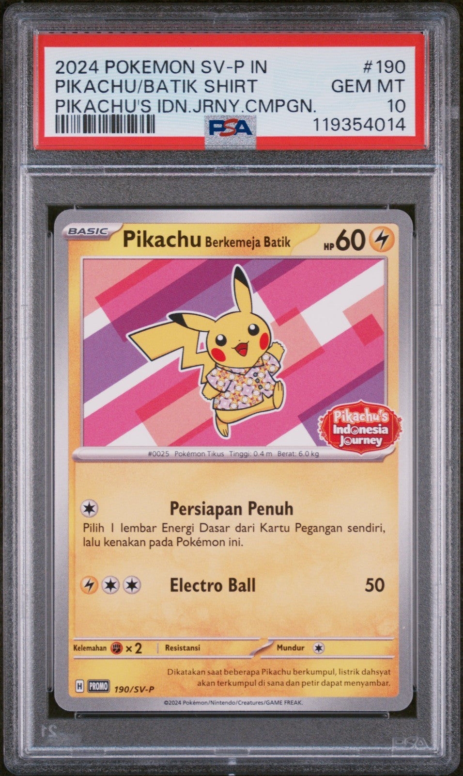 PSA 10 - Pikachu in Batik Shirt 190/SV-P Promo Pokemon Indonesian Exclusive Gem