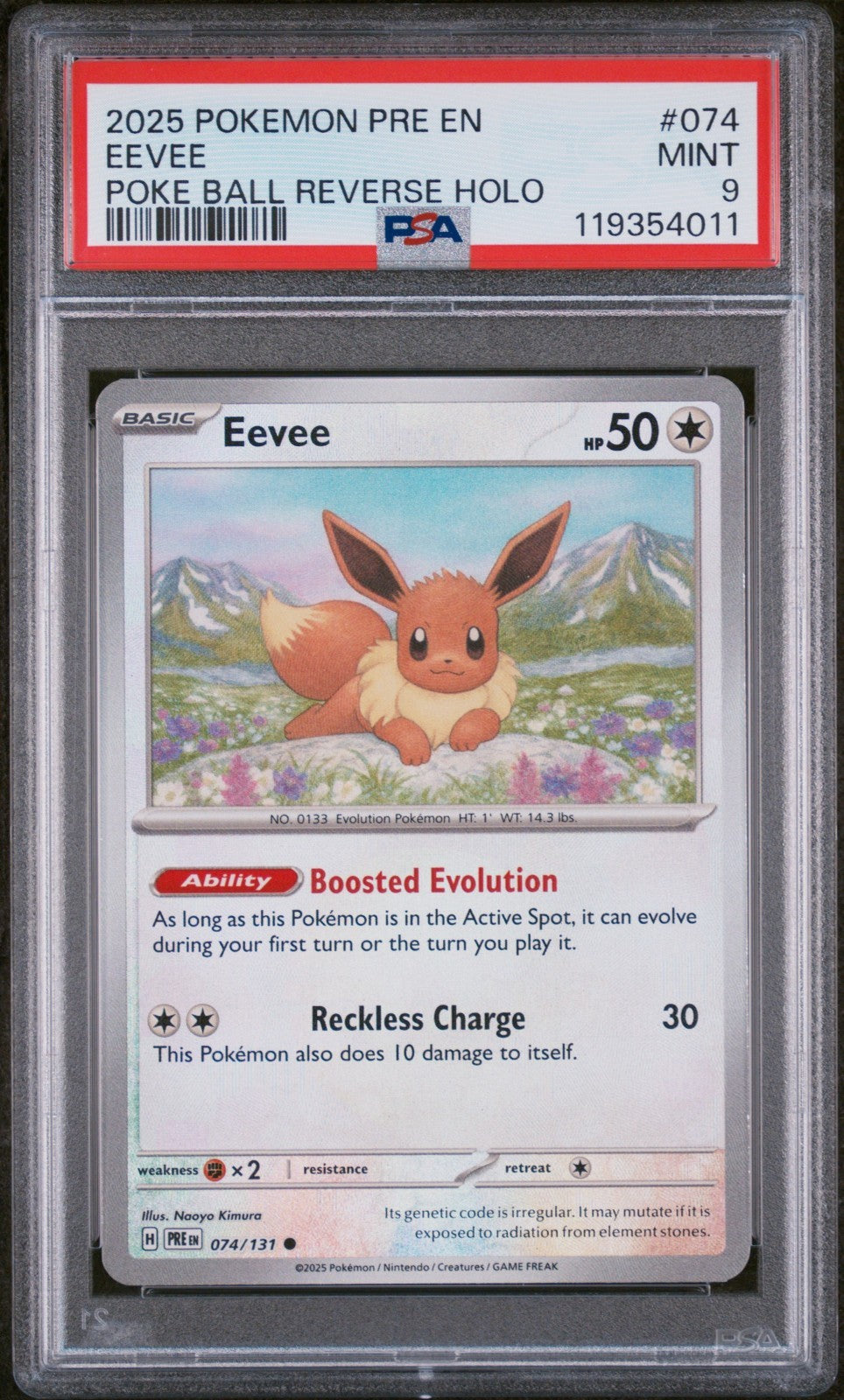 PSA 9 - Eevee 074/131 Poke Ball Reverse Holo - Prismatic Evolutions Pokemon Mint