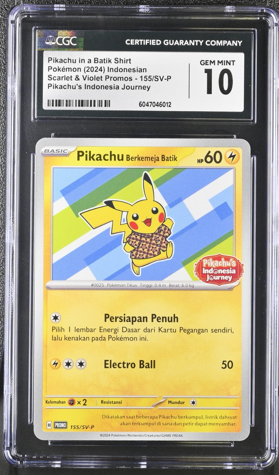CGC 10 - Pikachu in Batik Shirt 155/SV-P Promo  Pokemon Indonesian Exclusive Gem