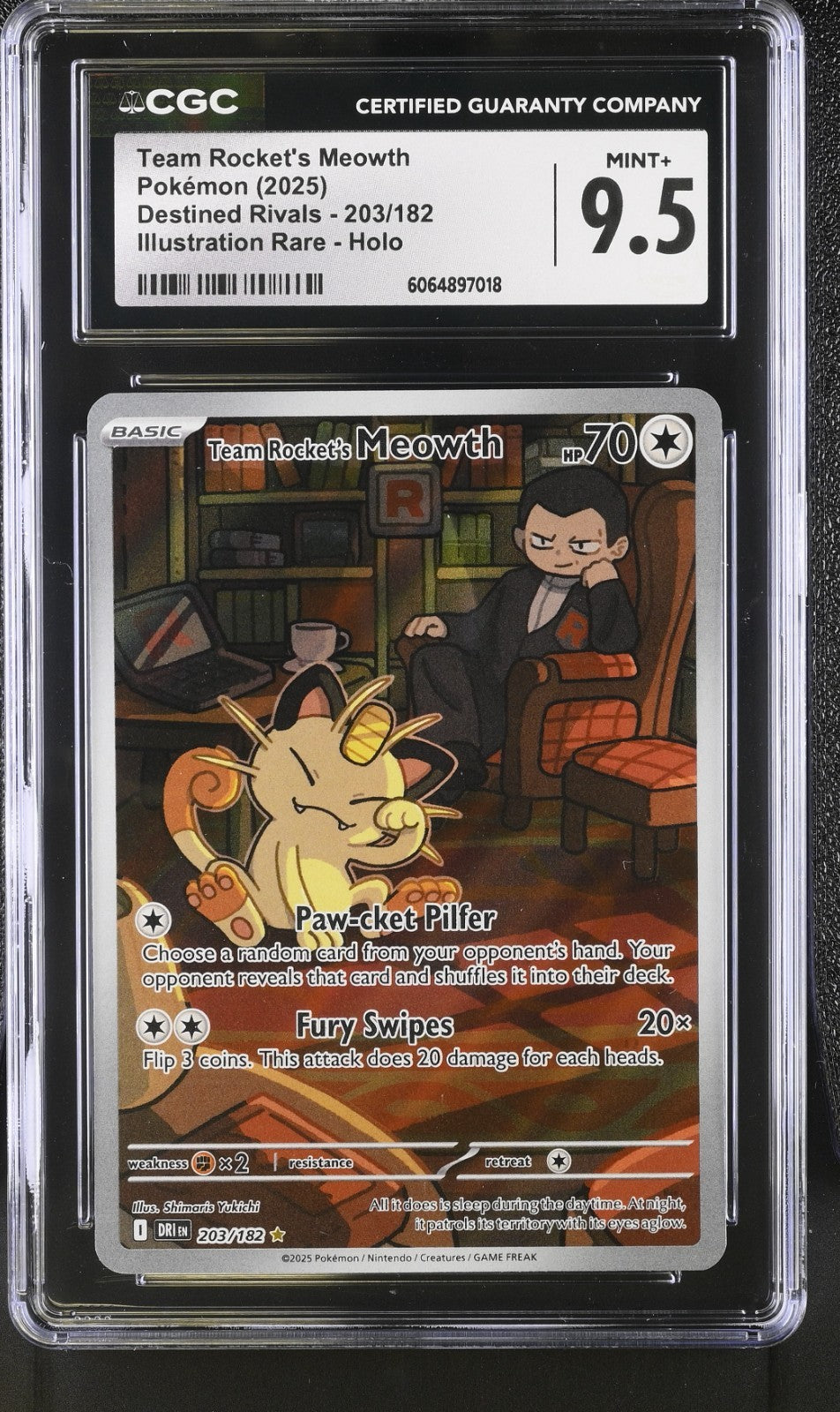 CGC 9.5  Team Rocket's Meowth 203/182 Illustration Rare  Pokemon Destined Rivals