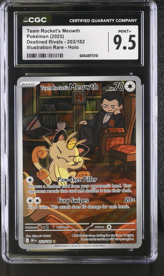 CGC 9.5  Team Rocket's Meowth 203/182 Illustration Rare  Pokemon Destined Rivals