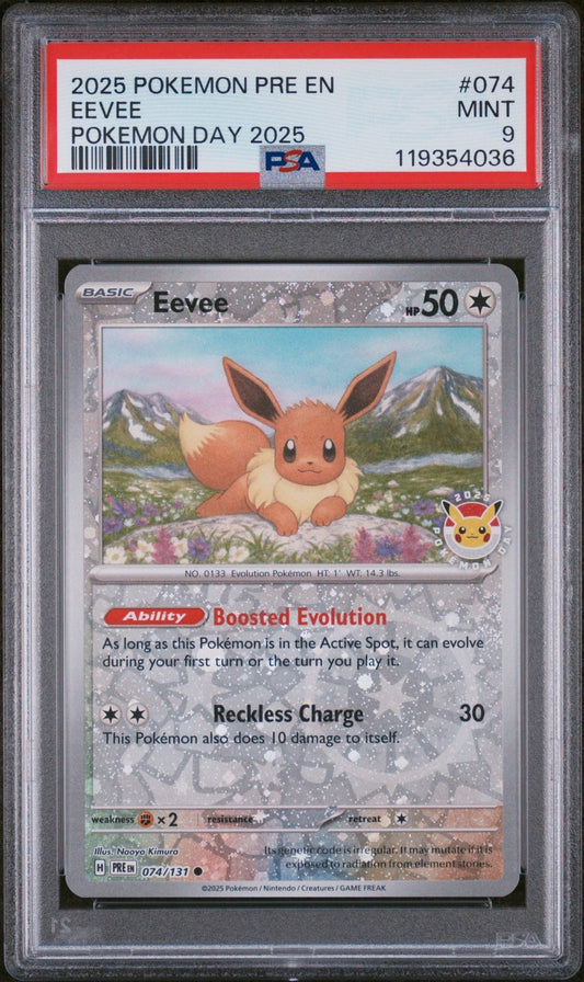 PSA 9 - Eevee 074/131 Pokemon Day 2025 Stamped Reverse Cosmos Holo Pokemon Mint
