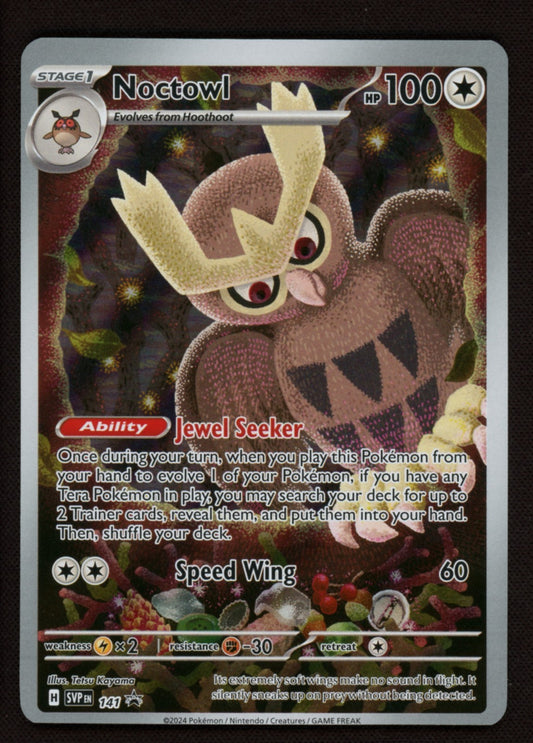 Noctowl 141 SVP Black Star Promo Stellar Crown ETB Pokemon NM Off Center Error?