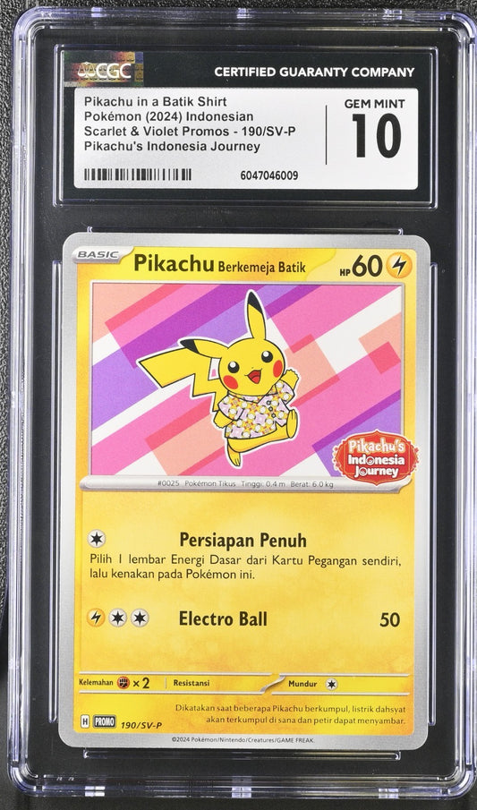 CGC 10 - Pikachu in Batik Shirt 190/SV-P Promo  Pokemon Indonesian Exclusive Gem
