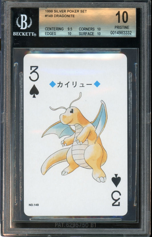 BGS 10 Dragonite #149 3 of Spades Pokemon Silver Poker Playing Card 1999 Vintage