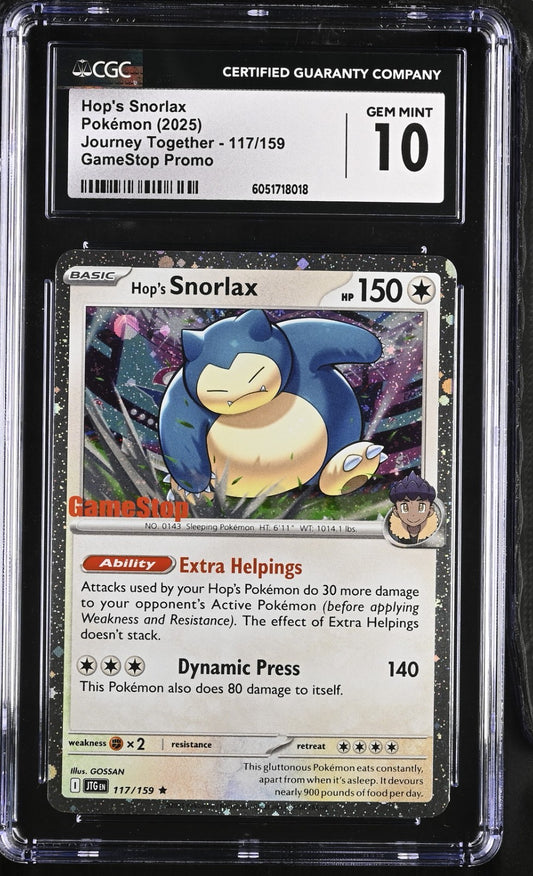 CGC 10 - Hop's Snorlax 117/159 GameStop STAMPED Promo - Journey Together Pokemon