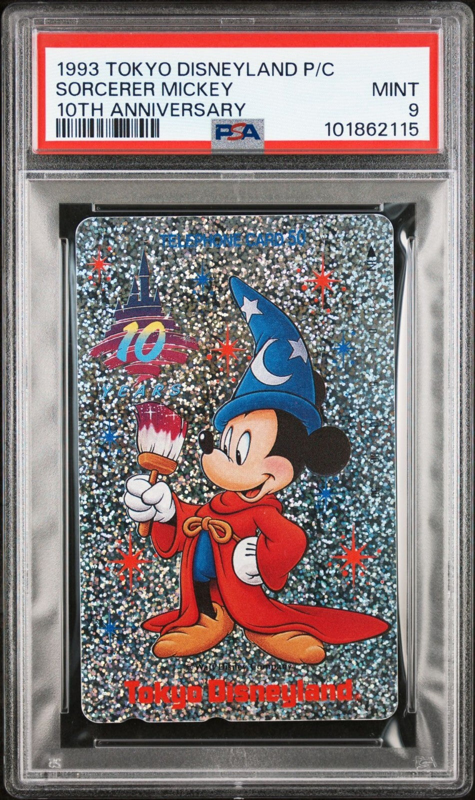 PSA 9 - Sorcerer Mickey Mouse Tokyo Disneyland 10th Anniversary Phone Card 1993