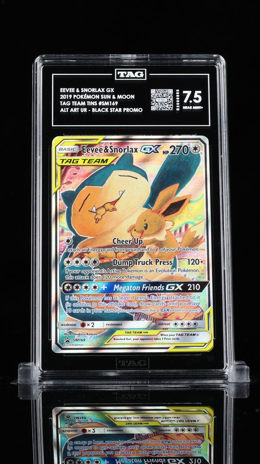 TAG 7.5 Eevee & Snorlax GX SM169 Black Star Promo Sun & Moon Tag Team Tin Komiya
