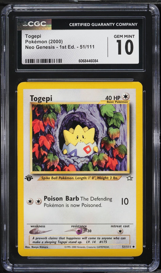 CGC 10 - Togepi 51/111 1st Edition Uncommon - Pokemon Neo Genesis WOTC Vintage