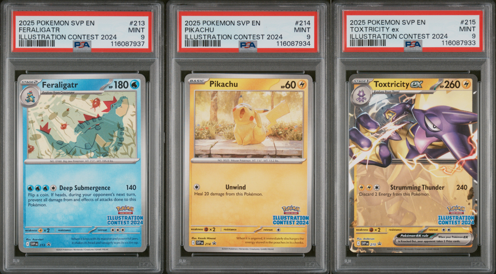PSA 9 Set Feraligatr Pikachu 214 Toxtricity ex Pokemon Illustration Contest 2024