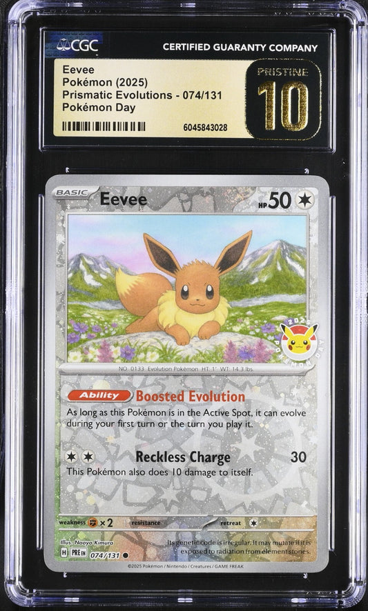 CGC 10 Pristine - Eevee 074/131 Pokemon Day 2025 Stamped Reverse Cosmos Holo